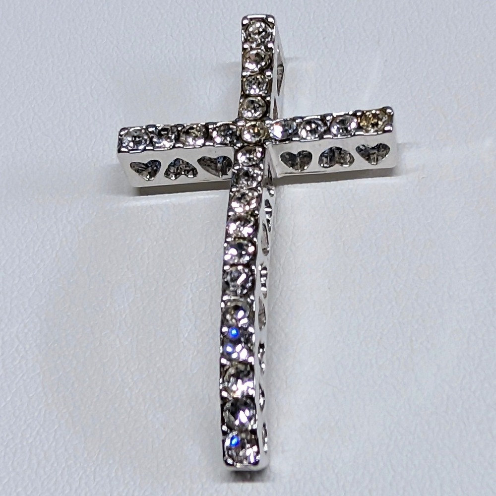 New 1.66" 925 Sterling Silver PLated Rhinestone Cross Pendant Wavy Heart Cutouts